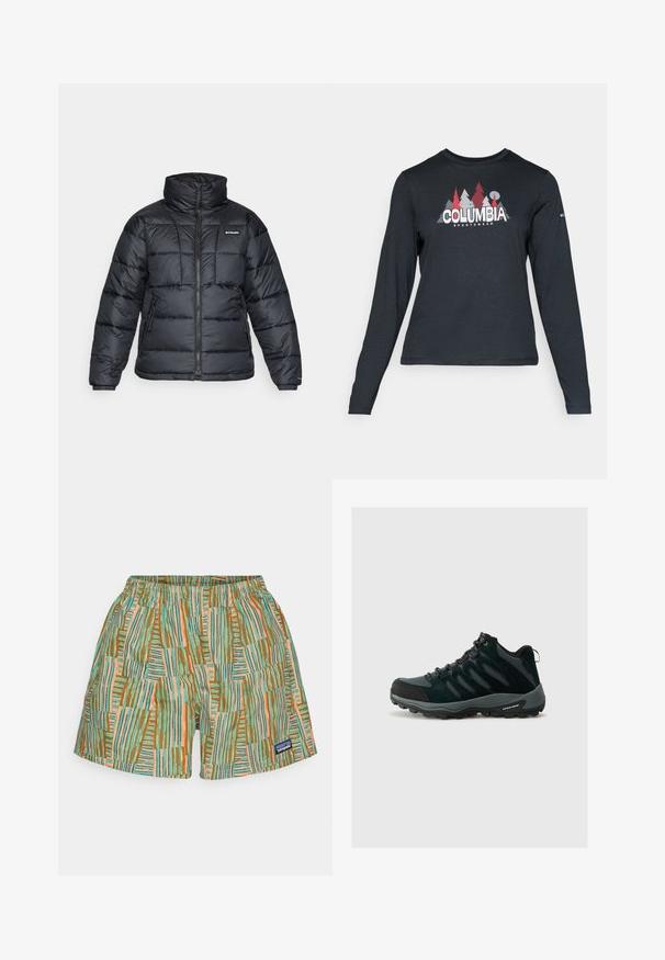 Svart dunjakke med høy krage, kviltet mønster og glidelås foran. Har to sidelommer og elastiske mansjetter.; Langermet mørkegrå skjorte med grafikk av røde trær og fjell; "COLUMBIA" logo i fet hvit tekst. Mykt stoff, standard rund hals.; Patagonia FUNHOGGERS SHORTS - Sports shorts - heartleaf green; Columbia REDMOND - Fjellsko - black/citron haze
