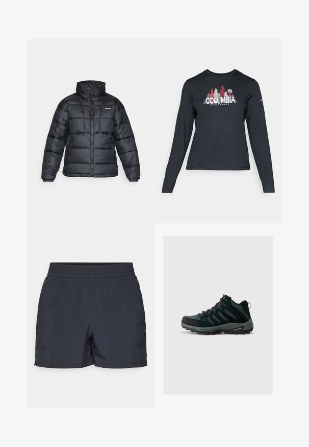 Musternatukamm, millel on kõrge krae, tikitud muster ja tõmblukuga esiosa. Sellel on kaks küljetaskut ja elastsed mansetid.; Pikend varrukatega tumehall särk, millel on punaste puude ja mägede graafika; "COLUMBIA" logo julge valge tekstiga. Pehme kangas, tavaline ümmargune kaelus.; Tumedatest hallist kangast lühikesed püksid, mis on valmistatud kergest materjalist, elastse vöökohtaga, küljetaskute ja lukudega ning sirge lõikega.; Columbia REDMOND - Matkajalatsid - black/citron haze