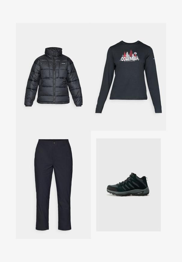 Chaqueta de plumas negra con cuello alto, patrón acolchado y cierre con cremallera. Cuenta con dos bolsillos laterales y puños elásticos.; Camisa de manga larga gris oscuro con un gráfico de árboles rojos y montañas; logo "COLUMBIA" en texto blanco en negrita. Tela suave, cuello redondo estándar.; Pantalones azul marino oscuros con una textura suave, que cuentan con una cinturilla elástica y un cierre de botón metálico. Corte recto con tobillos rematados.; Columbia REDMOND - Zapatillas de senderismo - black/citron haze