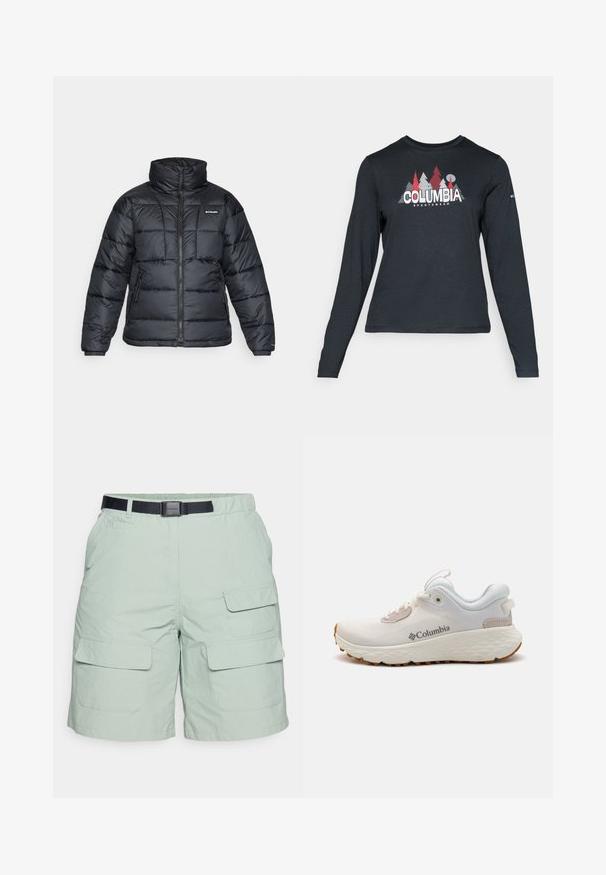 Fekete puffermellény magas gallérral, steppelt mintával és cipzáras elülső résszel. Két oldalsó zsebe és rugalmas mandzsettái vannak.; Hosszú ujjú, sötétszürke ing piros fákkal és hegyekkel díszítve; a "COLUMBIA" logó vastag fehér betűkkel. Puha anyag, klasszikus kerek nyakkivágás.; Világoszöld cargo shorts könnyű anyagból, fekete övvel, négy nagy zsebbel és laza szabással.; Könnyű Columbia sportcipő fehér hálóból, texturált szürke talppal és gumis csúszásmentes betéttel. Jellemzője a párnázott gallér és a fűzős kialakítás.