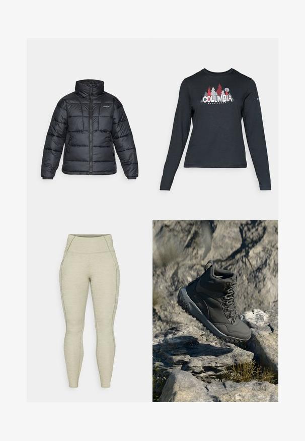 Musternatukamm, millel on kõrge krae, tikitud muster ja tõmblukuga esiosa. Sellel on kaks küljetaskut ja elastsed mansetid.; Pikend varrukatega tumehall särk, millel on punaste puude ja mägede graafika; "COLUMBIA" logo julge valge tekstiga. Pehme kangas, tavaline ümmargune kaelus.; Heled hallid sportlikud retuusid, millel on kõrge talje, tekstuurne materjal, sujuv õmblus ning külgtasku detail. Kogu ulatuses vormiv disain.; Tumehallid matkajalatsid, mis on valmistatud sünteetilisest materjalist, omavad pehmendatud kaelaosa, metallist silmuseid ja tekstuurset kummist tallat, mis tagab haarduvuse.