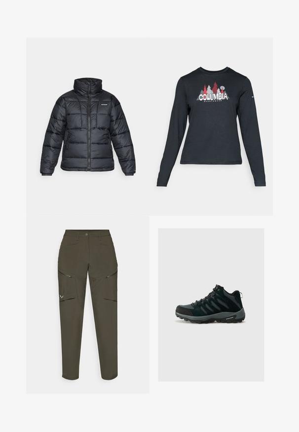 Juodas pūkuotas švarkas su aukštu apykakle, išsiuvinėtu raštu ir užtrauktuku priekyje. Yra dvi šoninės kišenės ir elastingi rankogaliai.; Ilga rankovė tamsiai pilka marškinėliai su raudonų medžių ir kalnų grafika; drąsaus baltos spalvos teksto "COLUMBIA" logotipas. Minkšta medžiaga, standartinis apvalus kaklas.; Olivinės žaliai kargo kelnės, pagamintos iš patvarios medžiagos. Yra šoninės užtrauktukų kišenės, pritaikyta liemens juosta ir siaurėjantis kojų dizainas.; Columbia REDMOND - Turistiniai batai - black/citron haze