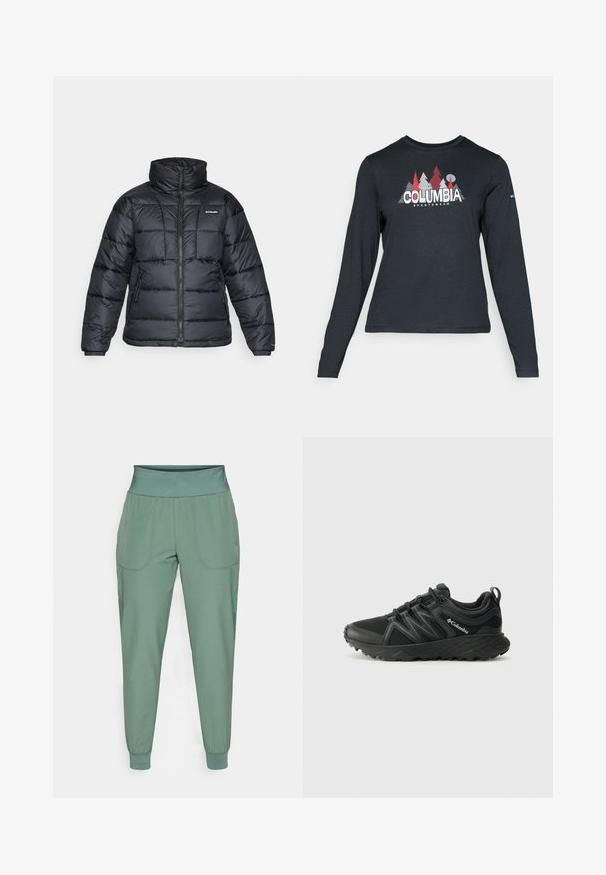 Schwarze Pufferjacke mit hohem Kragen, gestepptem Muster und Reißverschluss vorne. Hat zwei Seitentaschen und elastische Ärmelabschlüsse.; Dunkelgraues Langarmshirt mit einem Grafikdesign von roten Bäumen und Bergen; das "COLUMBIA"-Logo in fett weißer Schrift. Weicher Stoff, klassischer Rundhalsausschnitt.; Grüne Sporthose mit breitem Bund, elastischen Bündchen und zwei Seitentaschen. Glatte Textur, taillierte Passform und minimale Nähdetails.; Columbia PEAKFREAK - Hikingschuh - black