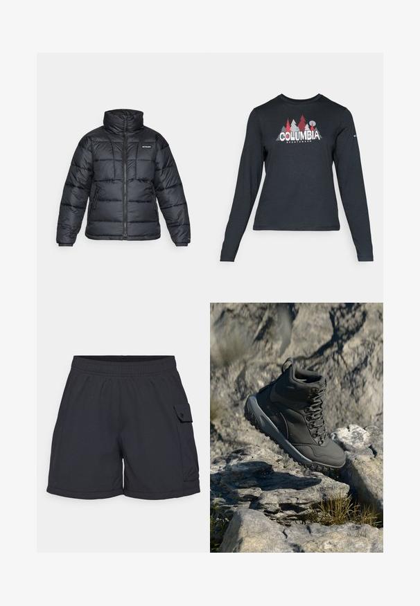 Svart dunjakke med høy krage, kviltet mønster og glidelås foran. Har to sidelommer og elastiske mansjetter.; Langermet mørkegrå skjorte med grafikk av røde trær og fjell; "COLUMBIA" logo i fet hvit tekst. Mykt stoff, standard rund hals.; Sorte svarte treningsshorts laget av lett stoff. Har elastisk midje, sidelommer med knappeåpning, og en avslappet passform.; Mørkegrå tursesko laget av syntetisk materiale, med polstret krage, metalløyer og teksturert gummisåle for grep.