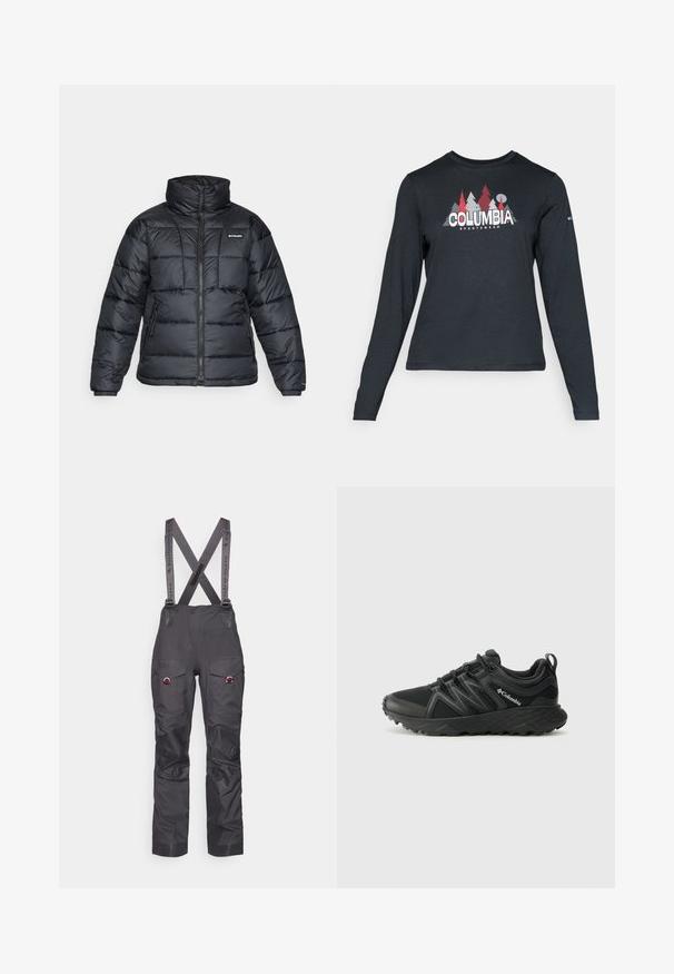 Crna puffa jakna s visokim ovratnikom, kvadratnim uzorkom i zatvaračem sprijeda. Ima dva bočna džepa i elastične manžete.; Majica dugih rukava tamnosive boje s grafikom crvenih drveća i planina; logo "COLUMBIA" u podebljanom bijelom tekstu. Mekana tkanina, standardni okrugli izrez.; Crne vodootporne skijaške hlače s podesivim naramenicama, ojačanim koljenima, višestrukim džepovima i kontrastnim sivoj trakama. Izdržljiv materijal.; Columbia PEAKFREAK - Obuća za pješačenje - black