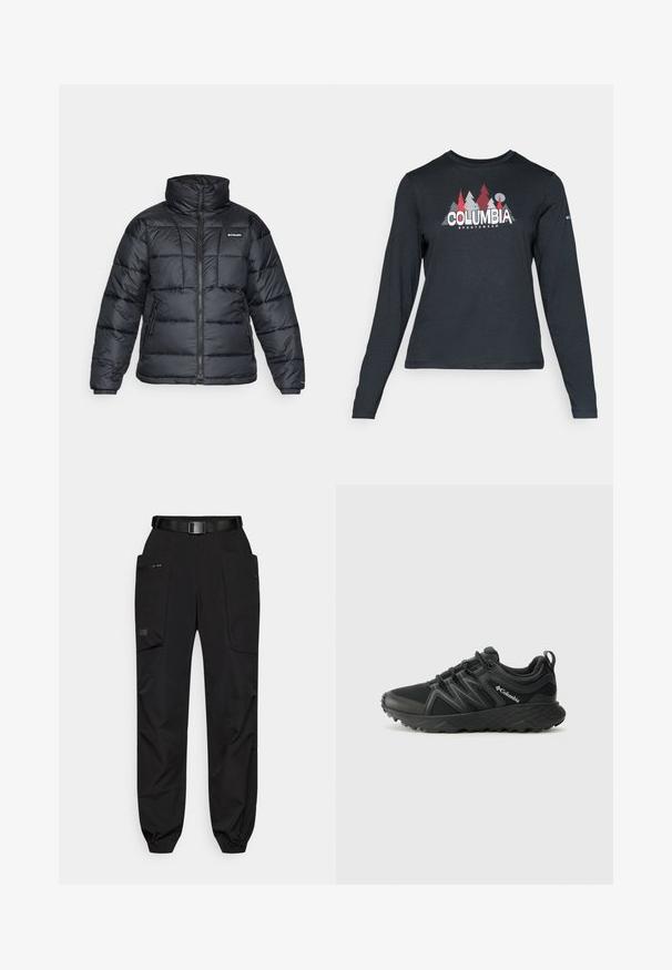Zwarte pufferjack met hoge kraag, gestikt patroon en rits aan de voorkant. Beschikt over twee zijzakken en elastische manchetten.; Langsluitend donkergrijs shirt met lange mouwen, versierd met een grafisch ontwerp van rode bomen en bergen; het "COLUMBIA"-logo in vet witte tekst. Zacht materiaal, standaard ronde hals.; Zwarte cargobroek met elastische boorden, meerdere zakken, een riem en een gladde, licht gestructureerde stof. Bevat een zijzak met rits.; Columbia PEAKFREAK - Outdoorschoenen - black