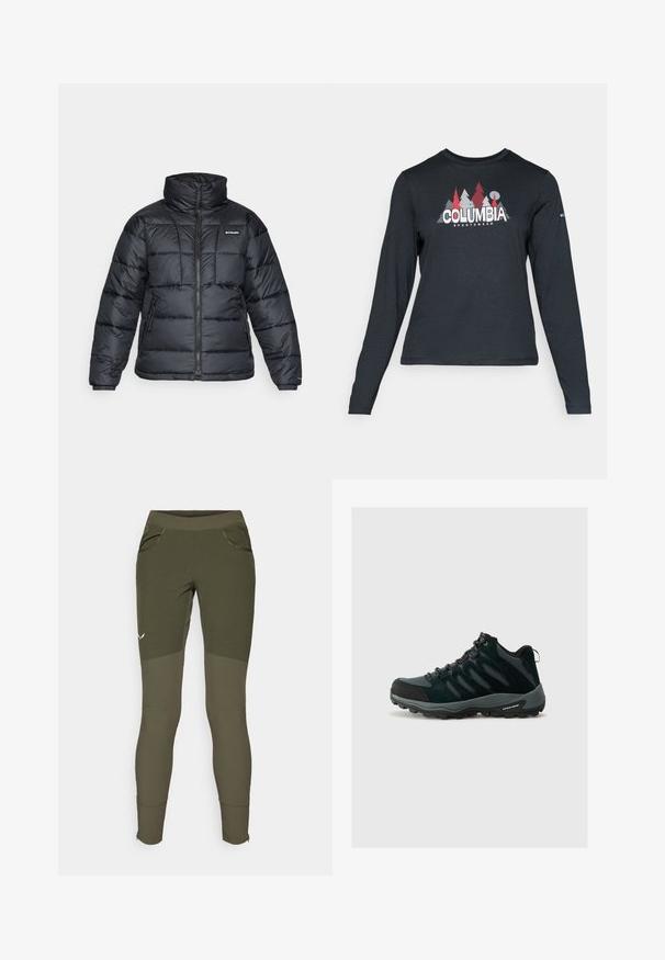 Črna pihasta jakna z visokim ovratnikom, prešitimi vzorci in zadrgo spredaj. Ima dve stranski žepki in elastične manšete.; Majica z dolgimi rokavi temno siva z grafiko rdečih dreves in gora; logotip "COLUMBIA" v krepki beli barvi. Mehka tkanina, standarden krojen ovratnik.; Olivno zelene športne hlače z teksturiranim dizajnom, dvema stranskima žepoma, oprijetim krojem in zadrgo na robovih za prilagodljive odprtine za noge.; Columbia REDMOND - Pohodniški čevlji - black/citron haze