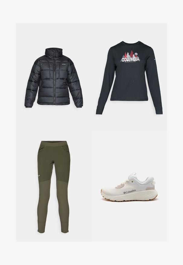 Čierna bundová izolácia s vysokým golierom, prešívaný vzor a zipsovým predným zapínaním. Obsahuje dve bočné vrecká a elastické manžety.; Dlhý rukáv, tmavošedá košeľa s grafikou červených stromov a hôr; logo "COLUMBIA" v tučnom bielom texte. Mäkká tkanina, štandardný okrúhly výstrih.; Olive green športové nohavice s textúrovaným vzorom, dvoma bočnými vreckami, priliehavým strihom a zipsami na manžetách pre nastaviteľné otvory v nohách.; Ľahká športová obuv Columbia v bielej sieťovine s textúrovanou šedou podrážkou a gumovou trakciou. Obsahuje polstrovaný golier a dizajn na šnurovanie.