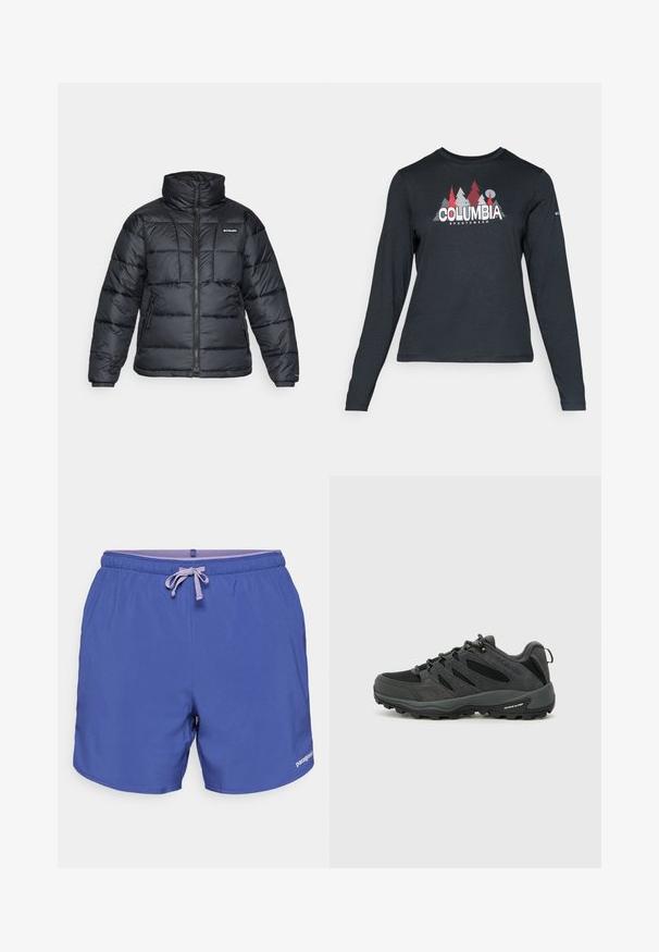 Svart puffjacka med hög krage, quiltat mönster och zippered front. Har två sidofickor och elastiska handledar.; Långärmad mörkgrå tröja med grafik av röda träd och berg; "COLUMBIA"-logotyp i fet vit text. Mjukt tyg, standard rund hals.; Patagonia TRAILS - Friluftsshorts - solstice purple; Columbia REDMOND - Hikingskor - black/citron haze