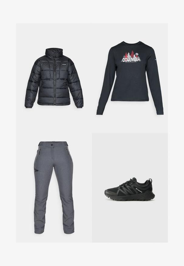 Melnā pūkainā jaka ar augstu apkakli, quilted rakstu un ar rāvējslēdzēju priekšpusi. Iezīmē divas sānu kabatas un elastīgas aproces.; Tumšs pelēks krekls ar garām piedurknēm, ar grafiku, kurā attēloti sarkani koki un kalni; "COLUMBIA" logo treknā baltā tekstā. Mīksta auduma, standarta apaļa kakla izgriezums.; Pelēki āra bikses, kas izgatavotas no teksturēta auduma, ar augstu jostasvietu, ar rāvējslēdzējiem aprīkotiem kabatām, sašaurinātām kājām un minimālisma dizaina elementiem.; Columbia PEAKFREAK - Pārgājienu apavi - black