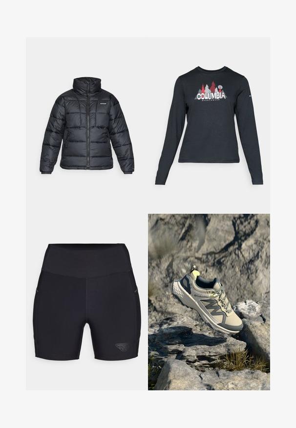 Schwarze Pufferjacke mit hohem Kragen, gestepptem Muster und Reißverschluss vorne. Hat zwei Seitentaschen und elastische Ärmelabschlüsse.; Dunkelgraues Langarmshirt mit einem Grafikdesign von roten Bäumen und Bergen; das "COLUMBIA"-Logo in fett weißer Schrift. Weicher Stoff, klassischer Rundhalsausschnitt.; Schwarze Sportshorts mit hohem Bund, aus dehnbarem Stoff. Zu den Merkmalen gehören ein Logo an der Seite und diskrete Seitentaschen.; Columbia Trailrunningschuh in Hellbeige und Grau. Obermaterial aus Mesh mit strukturierten Details, Gummisohle und reflektierenden Akzenten. Leichtes Design.