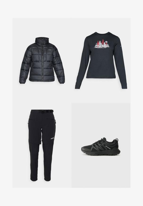 Juodas pūkuotas švarkas su aukštu apykakle, išsiuvinėtu raštu ir užtrauktuku priekyje. Yra dvi šoninės kišenės ir elastingi rankogaliai.; Ilga rankovė tamsiai pilka marškinėliai su raudonų medžių ir kalnų grafika; drąsaus baltos spalvos teksto "COLUMBIA" logotipas. Minkšta medžiaga, standartinis apvalus kaklas.; Juodi lauko kelnių modeliai su reguliuojamu diržu, užtraukiamomis kišenėmis, siaurėjančiomis kojomis ir elastingais apvadu, sukurti universalumui ir patogumui.; Columbia PEAKFREAK - Turistiniai batai - black