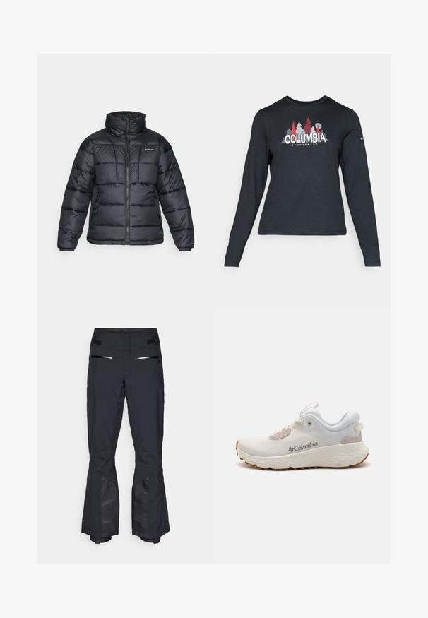 Czarna puchowa kurtka z wysokim kołnierzem, pikowanym wzorem i zamek błyskawiczny z przodu. Posiada dwie boczne kieszenie i elastyczne mankiety.; Długie rękawy, ciemnoszara koszula z grafiką czerwonych drzew i gór; logo "COLUMBIA" w wyraźnym białym tekście. Miękka tkanina, standardowy okrągły dekolt.; Czarne spodnie narciarskie wykonane z wodoodpornego i oddychającego materiału. Posiadają zapinane na zamek kieszenie, akcenty z siateczki oraz zwężane nogawki przy kostkach.; Lekkie sportowe buty Columbia w białej siateczce z teksturowaną szaro-skalną podeszwą i gumowym bieżnikiem. Posiadają wyściełany kołnierz oraz klasyczny sznurowany design.