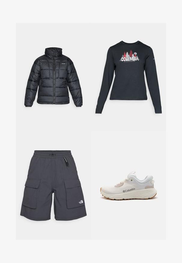 Fekete puffermellény magas gallérral, steppelt mintával és cipzáras elülső résszel. Két oldalsó zsebe és rugalmas mandzsettái vannak.; Hosszú ujjú, sötétszürke ing piros fákkal és hegyekkel díszítve; a "COLUMBIA" logó vastag fehér betűkkel. Puha anyag, klasszikus kerek nyakkivágás.; Szürke cargo bermuda nadrág megkötős derékkal, két oldalsó zsebbel és két hajtókás zsebbel. Az alsó bal részen egy kicsi fehér logó található.; Könnyű Columbia sportcipő fehér hálóból, texturált szürke talppal és gumis csúszásmentes betéttel. Jellemzője a párnázott gallér és a fűzős kialakítás.