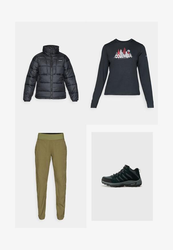 Casaco puffer preto com gola alta, padrão acolchoado e fecho éclair à frente. Apresenta dois bolsos laterais e punhos elásticos.; Camisa de mangas longas cinza escuro com um gráfico de árvores vermelhas e montanhas; logótipo "COLUMBIA" em texto branco em negrito. Tecido suave, cuello redondo padrão.; Calças em verde oliva com corte ajustado, cintura elástica, tecido leve e dois bolsos laterais. Apresenta costuras discretas e bainhas com punho.; Columbia REDMOND - Sapatos de caminhada - black/citron haze