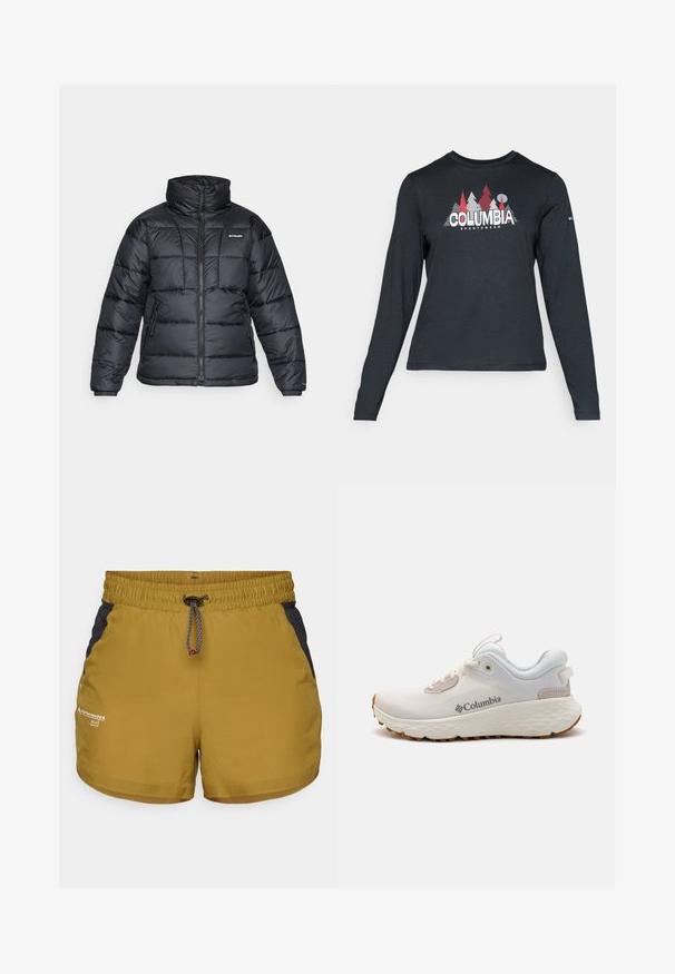 Crna puffa jakna s visokim ovratnikom, kvadratnim uzorkom i zatvaračem sprijeda. Ima dva bočna džepa i elastične manžete.; Majica dugih rukava tamnosive boje s grafikom crvenih drveća i planina; logo "COLUMBIA" u podebljanom bijelom tekstu. Mekana tkanina, standardni okrugli izrez.; Kaki kratke hlače s teksturiranim crnim mrežastim panelom, elastičnim pojasom, podesivom vezicom i otisnutim logotipom na donjoj lijevoj strani.; Lagani atletski cipele Columbia izrađene od bijele mrežaste tkanine s teksturiranom sivom potplatom i gumom za bolje prianjanje. Imaju podstavljeni ovratnik i dizajn s vezicama.