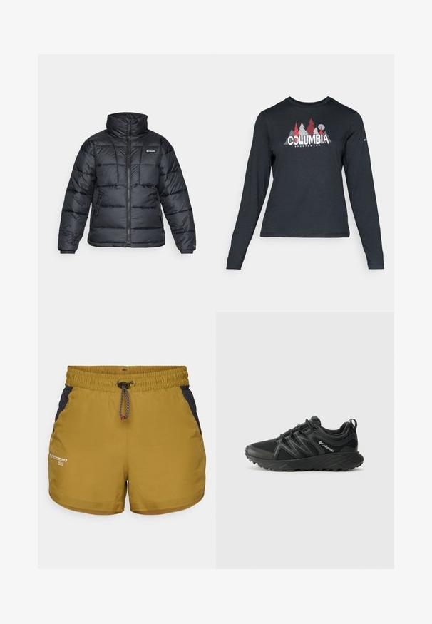 Črna pihasta jakna z visokim ovratnikom, prešitimi vzorci in zadrgo spredaj. Ima dve stranski žepki in elastične manšete.; Majica z dolgimi rokavi temno siva z grafiko rdečih dreves in gora; logotip "COLUMBIA" v krepki beli barvi. Mehka tkanina, standarden krojen ovratnik.; Kaki kratke hlače z strukturiranim črnim mrežastim panelom, elastičnim pasom, nastavljivim vrvico in potiskanjem logotipa na spodnjem levem delu spredaj.; Columbia PEAKFREAK - Pohodniški čevlji - black