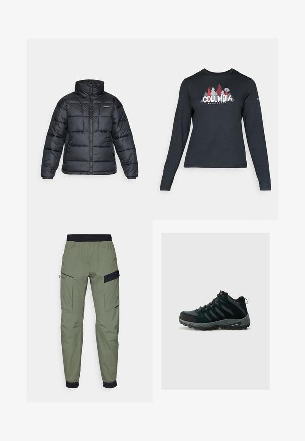 Czarna puchowa kurtka z wysokim kołnierzem, pikowanym wzorem i zamek błyskawiczny z przodu. Posiada dwie boczne kieszenie i elastyczne mankiety.; Długie rękawy, ciemnoszara koszula z grafiką czerwonych drzew i gór; logo "COLUMBIA" w wyraźnym białym tekście. Miękka tkanina, standardowy okrągły dekolt.; Spodnie cargo w jasnym oliwkowym kolorze, z czarną elastyczną talią, dwoma dużymi kieszeniami bocznymi oraz gładkim, wodoodpornym materiałem.; Columbia REDMOND czarny