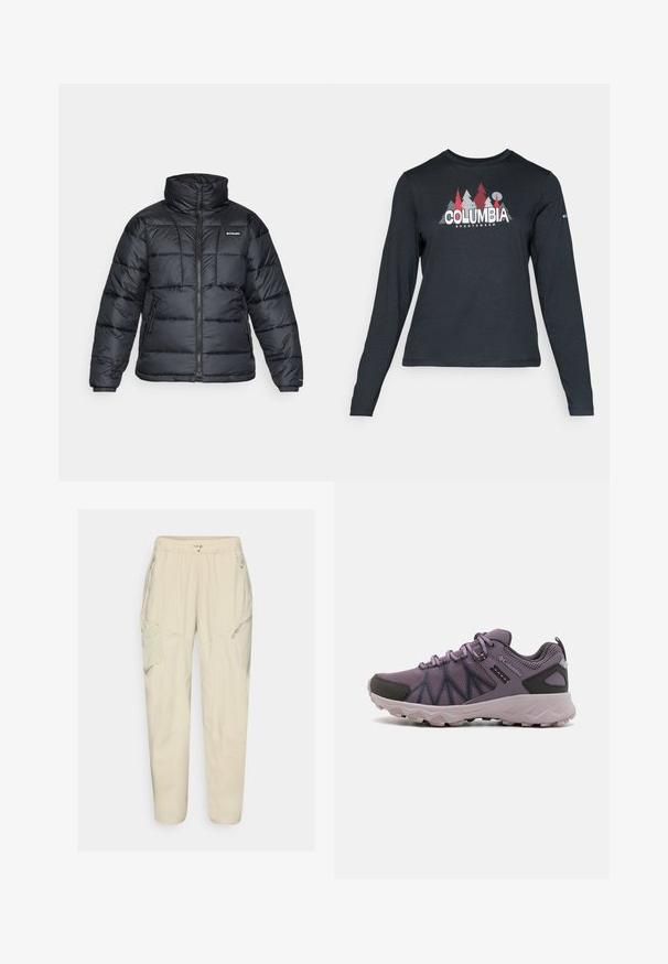 Casaco puffer preto com gola alta, padrão acolchoado e fecho éclair à frente. Apresenta dois bolsos laterais e punhos elásticos.; Camisa de mangas longas cinza escuro com um gráfico de árvores vermelhas e montanhas; logótipo "COLUMBIA" em texto branco em negrito. Tecido suave, cuello redondo padrão.; Calças cargo em beige claro com um cós elástico, bolsos com fecho e detalhes em painéis. Feitas de um tecido liso e leve.; Sapatilhas de caminhada leves, em roxo, com parte superior em malha, detalhes pretos, sola acolchoada e um padrão robusto para tração.