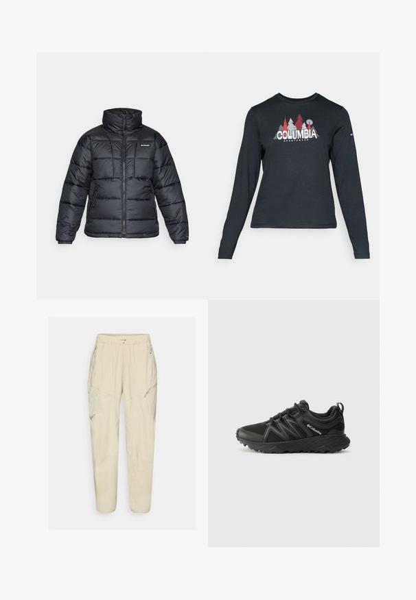 Musternatukamm, millel on kõrge krae, tikitud muster ja tõmblukuga esiosa. Sellel on kaks küljetaskut ja elastsed mansetid.; Pikend varrukatega tumehall särk, millel on punaste puude ja mägede graafika; "COLUMBIA" logo julge valge tekstiga. Pehme kangas, tavaline ümmargune kaelus.; Kerge beežid cargo-püksid elastse vöökohtaga, lukuga taskud ja paneelidega detailid. Valmistatud sujuvast, kergest kangast.; Columbia PEAKFREAK - Matkajalatsid - black