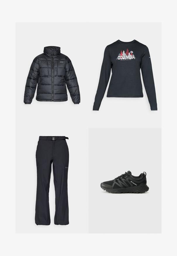 Svart puffjacka med hög krage, quiltat mönster och zippered front. Har två sidofickor och elastiska handledar.; Långärmad mörkgrå tröja med grafik av röda träd och berg; "COLUMBIA"-logotyp i fet vit text. Mjukt tyg, standard rund hals.; Svarta utomhusbyxor med lättviktsmaterial, justerbart midjeband med bälte och två framfickor. Designade för komfort och funktion.; Columbia PEAKFREAK - Hikingskor - black