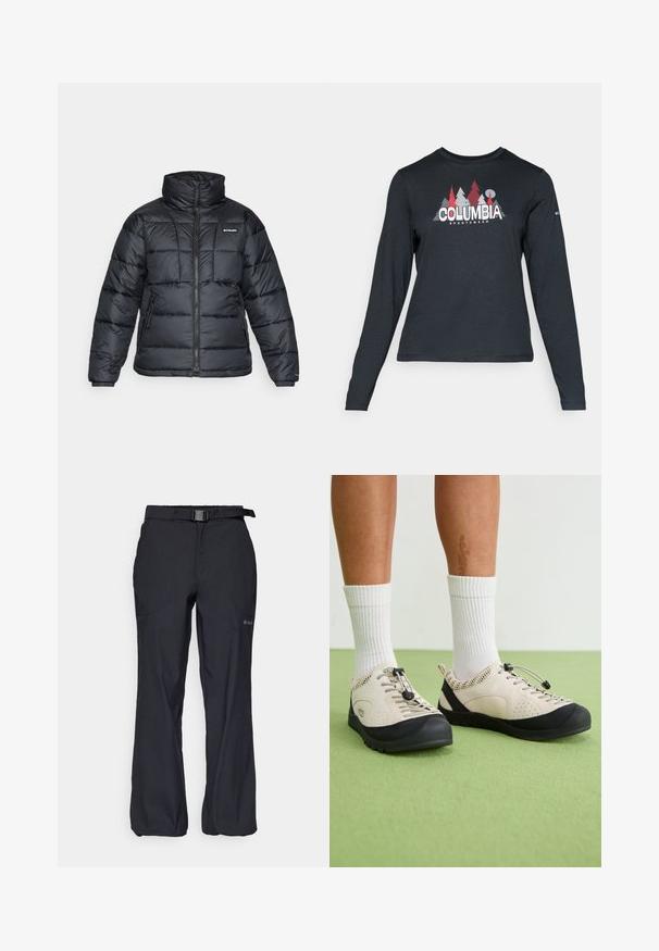 Crna puffa jakna s visokim ovratnikom, kvadratnim uzorkom i zatvaračem sprijeda. Ima dva bočna džepa i elastične manžete.; Majica dugih rukava tamnosive boje s grafikom crvenih drveća i planina; logo "COLUMBIA" u podebljanom bijelom tekstu. Mekana tkanina, standardni okrugli izrez.; Crne vanjske hlače od lagane tkanine, s podesivim pojasom i remenom te dva prednja džepa. Dizajnirane za udobnost i praktičnost.; Bež cipele s crnim detaljima, rešetkastim bočnim panelima i sigurnim vezicama. Debeli gumeni đonovi s uzorkom. Nošene s bijelim čarapama.