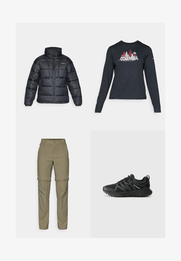 Juodas pūkuotas švarkas su aukštu apykakle, išsiuvinėtu raštu ir užtrauktuku priekyje. Yra dvi šoninės kišenės ir elastingi rankogaliai.; Ilga rankovė tamsiai pilka marškinėliai su raudonų medžių ir kalnų grafika; drąsaus baltos spalvos teksto "COLUMBIA" logotipas. Minkšta medžiaga, standartinis apvalus kaklas.; Šviesiai rudos spalvos kelnių su užtrauktuku, pagamintų iš lengvos ir patvarios medžiagos. Su mygtukų uždarymu, tiesiomis kojomis ir suktuku, užtikrinančiu patogumą.; Columbia PEAKFREAK - Turistiniai batai - black