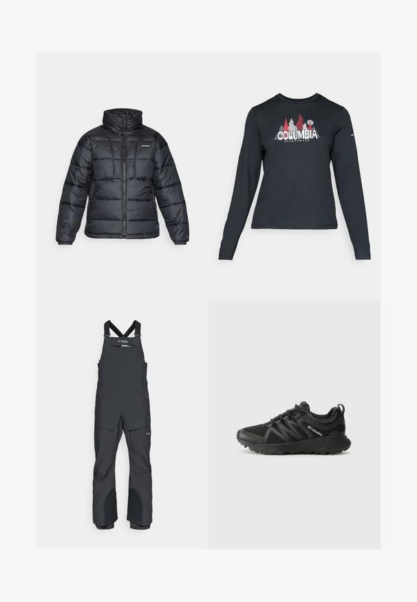 Casaco puffer preto com gola alta, padrão acolchoado e fecho éclair à frente. Apresenta dois bolsos laterais e punhos elásticos.; Camisa de mangas longas cinza escuro com um gráfico de árvores vermelhas e montanhas; logótipo "COLUMBIA" em texto branco em negrito. Tecido suave, cuello redondo padrão.; Salopetes isoladas pretas feitas de material à prova d'água, com alças ajustáveis, um bolso frontal com fecho e áreas dos joelhos reforçadas.; Columbia PEAKFREAK - Sapatos de caminhada - black