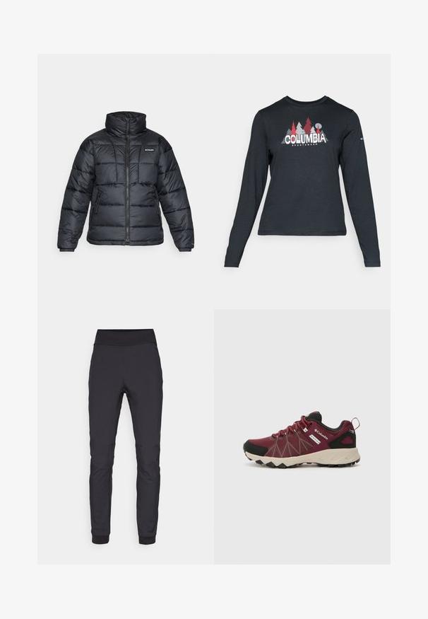 Črna pihasta jakna z visokim ovratnikom, prešitimi vzorci in zadrgo spredaj. Ima dve stranski žepki in elastične manšete.; Majica z dolgimi rokavi temno siva z grafiko rdečih dreves in gora; logotip "COLUMBIA" v krepki beli barvi. Mehka tkanina, standarden krojen ovratnik.; Črne športne hlače iz raztegljivega materiala, s širokim, gladkim pasom, zoženimi nogavicami in rebrastimi manšeti ob gležnjih.; Columbia PEAKFREAK™ II OUTDRY™ - Pohodniški čevlji - deep madeira/white peach