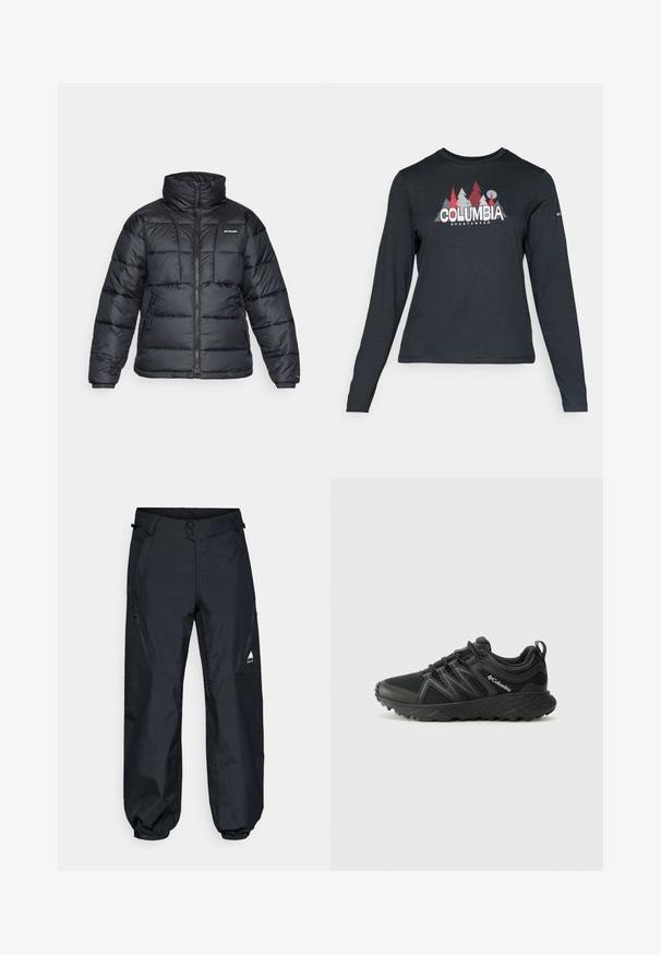 Juodas pūkuotas švarkas su aukštu apykakle, išsiuvinėtu raštu ir užtrauktuku priekyje. Yra dvi šoninės kišenės ir elastingi rankogaliai.; Ilga rankovė tamsiai pilka marškinėliai su raudonų medžių ir kalnų grafika; drąsaus baltos spalvos teksto "COLUMBIA" logotipas. Minkšta medžiaga, standartinis apvalus kaklas.; Juodos nepralaidžios vandeniui kelnės su lygiu paviršiumi, elastingomis rankovėmis, užtrauktukais šoninėse kišenėse ir kalnų logotipu ant apatinės kojos.; Columbia PEAKFREAK - Turistiniai batai - black