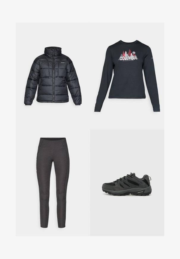 Black puffer jacket with high collar, quilted pattern, and zippered front. Features two side pockets and elastic cuffs.; Long-sleeve dark gray shirt with a graphic of red trees and mountains; "COLUMBIA" logo in bold white text. Soft fabric, standard crew neck.; High-waisted leggings in dark grey, made from textured fabric. Features a fitted design and side pockets for storage.; Columbia REDMOND - Hiking shoes - black/citron haze
