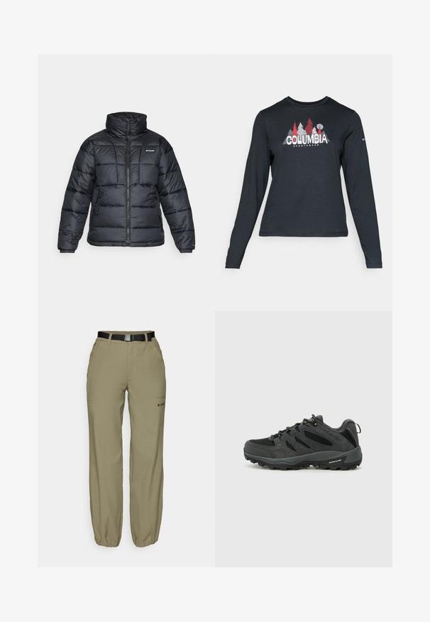 Črna pihasta jakna z visokim ovratnikom, prešitimi vzorci in zadrgo spredaj. Ima dve stranski žepki in elastične manšete.; Majica z dolgimi rokavi temno siva z grafiko rdečih dreves in gora; logotip "COLUMBIA" v krepki beli barvi. Mehka tkanina, standarden krojen ovratnik.; Bež hlače za prostočasne aktivnosti s elastičnimi manšetami, sprednjimi žepi in črnim pasom. Imajo subtilen logotip blizu spodnjega žepa.; Columbia REDMOND - Pohodniški čevlji - black/citron haze