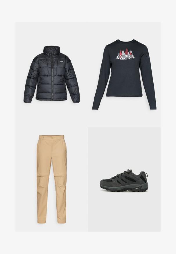 Černá prošívaná bunda s vysokým límcem, prošívaným vzorem a zipovým zapínáním. Obsahuje dvě boční kapsy a elastické manžety.; Tmavě šedá dlouhá košile s grafikou červených stromů a hor; logo "COLUMBIA" v tučném bílém písmu. Měkká tkanina, standardní kulatý výstřih.; Beige zip-off cargo kalhoty s plochým předním dílem, knoflíkovým zapínáním a zúženými nohavicemi. Vyrobeny z lehkého materiálu s hladkou texturou.; Columbia REDMOND - Trekingové boty - black/citron haze