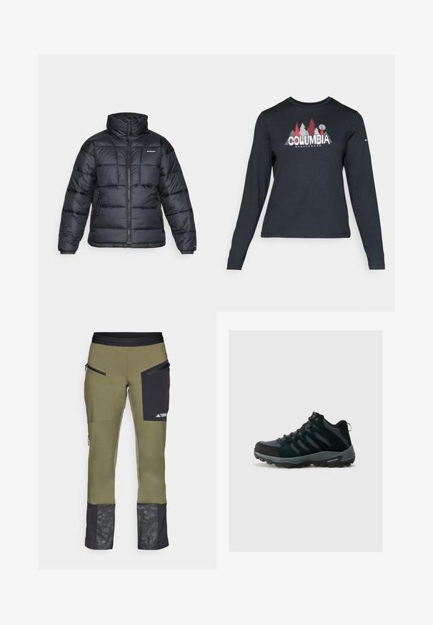 Juodas pūkuotas švarkas su aukštu apykakle, išsiuvinėtu raštu ir užtrauktuku priekyje. Yra dvi šoninės kišenės ir elastingi rankogaliai.; Ilga rankovė tamsiai pilka marškinėliai su raudonų medžių ir kalnų grafika; drąsaus baltos spalvos teksto "COLUMBIA" logotipas. Minkšta medžiaga, standartinis apvalus kaklas.; Žalios techninės kelnės su juodomis detalėmis, užtrauktukais kišenėmis ir raštuotu apatine koja. Pagamintos iš lengvo, tvirto audinio.; Columbia REDMOND - Turistiniai batai - black/citron haze
