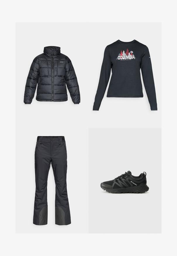 Černá prošívaná bunda s vysokým límcem, prošívaným vzorem a zipovým zapínáním. Obsahuje dvě boční kapsy a elastické manžety.; Tmavě šedá dlouhá košile s grafikou červených stromů a hor; logo "COLUMBIA" v tučném bílém písmu. Měkká tkanina, standardní kulatý výstřih.; Černé lyžařské kalhoty vyrobené z odolného materiálu, s rovnými nohavicemi, vsazenými kapsami a zesílenými spodními panely pro zvýšenou ochranu.; Columbia PEAKFREAK - Trekingové boty - black