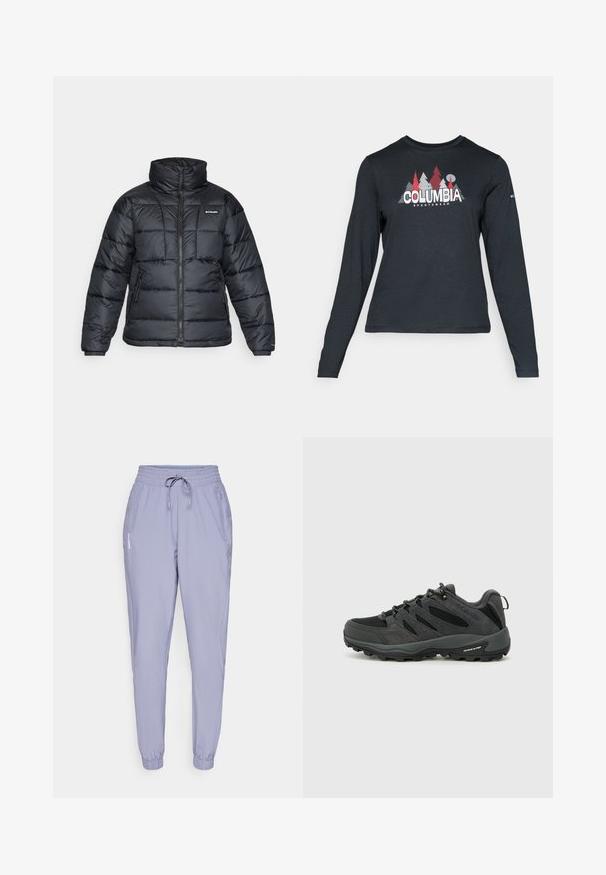 Crna puffa jakna s visokim ovratnikom, kvadratnim uzorkom i zatvaračem sprijeda. Ima dva bočna džepa i elastične manžete.; Majica dugih rukava tamnosive boje s grafikom crvenih drveća i planina; logo "COLUMBIA" u podebljanom bijelom tekstu. Mekana tkanina, standardni okrugli izrez.; Svijetloplavi atletski tajice od glatkog, laganog materijala. Imaju elastičnu struk, pertlu za povlačenje i bočne džepove.; Columbia REDMOND - Obuća za pješačenje - black/citron haze