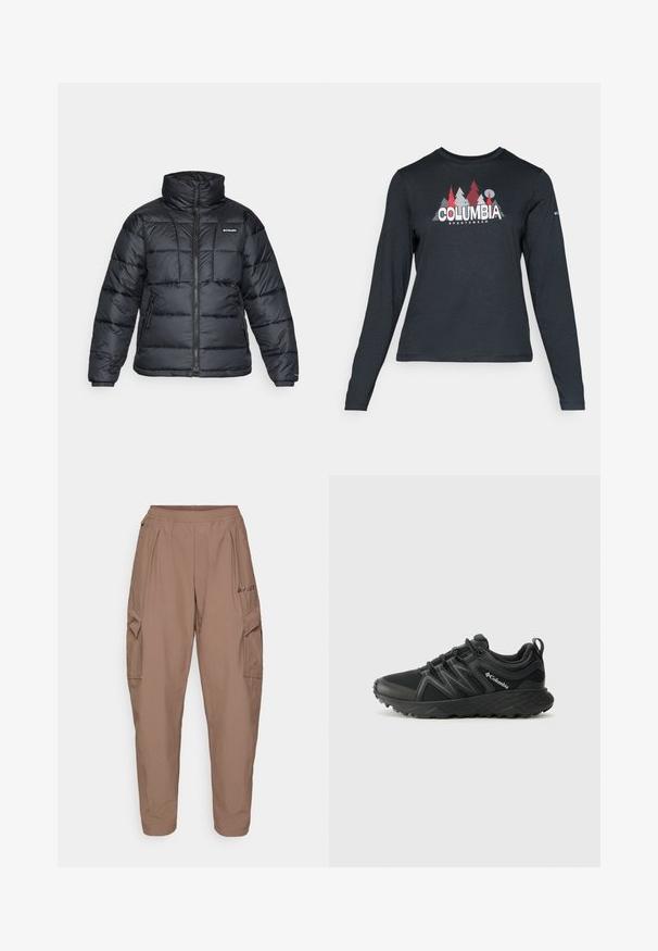Mustat puffatakit, joissa on korkea kaulus, päivitysympäristö ja vetoketjullinen etuosa. Varustettu kahdella sivutaskulla ja joustavilla hihansuilla.; Tummanharmaa pitkähihaisen paidan graafinen kuva punaisista puista ja vuorista; "COLUMBIA" -logo lihavoituna valkoisella tekstillä. Pehmeä kangas, normaali pyöreä kaula-aukko.; Ruskeat cargo-housut elastisella vyötäröllä, kahdella sivutaskulla ja teksturoidulla kankaalla. Etuosassa logon brodeeraus.; Columbia PEAKFREAK - Vaelluskengät - black