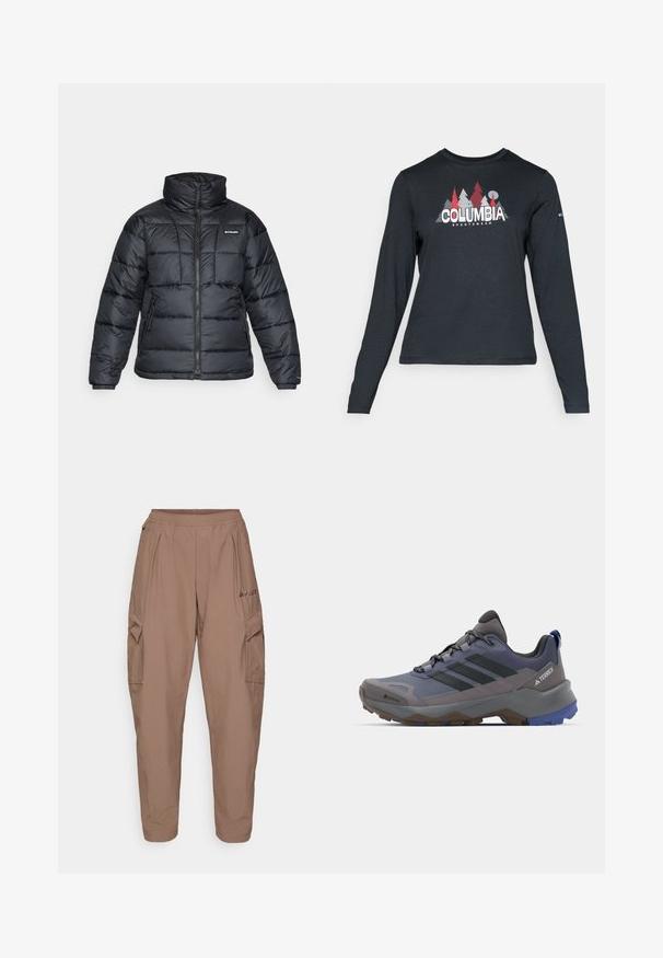 Fekete puffermellény magas gallérral, steppelt mintával és cipzáras elülső résszel. Két oldalsó zsebe és rugalmas mandzsettái vannak.; Hosszú ujjú, sötétszürke ing piros fákkal és hegyekkel díszítve; a "COLUMBIA" logó vastag fehér betűkkel. Puha anyag, klasszikus kerek nyakkivágás.; Barna cargo nadrág rugalmas derékkal, két oldalsó zsebbel és texturált anyagból készült. Elöl logó hímzés található.; Szürke és kék túracipők, hálós és szintetikus felsőrésszel, texturált talppal, kiemelkedő fűzővel és három fekete csíkkal az oldalon.