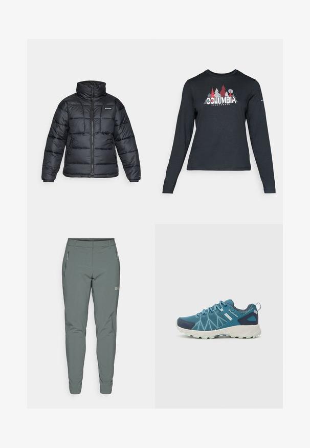 Melnā pūkainā jaka ar augstu apkakli, quilted rakstu un ar rāvējslēdzēju priekšpusi. Iezīmē divas sānu kabatas un elastīgas aproces.; Tumšs pelēks krekls ar garām piedurknēm, ar grafiku, kurā attēloti sarkani koki un kalni; "COLUMBIA" logo treknā baltā tekstā. Mīksta auduma, standarta apaļa kakla izgriezums.; Pelēki āra bikses, kas izgatavotas no viegla un izturīga materiāla. Tām ir kabatas ar rāvējslēdzēju sānos un pieguļošs dizains ar sašaurinātām kājām.; Columbia PEAKFREAK™ II OUTDRY™ - Pārgājienu apavi - blue heron/skylight