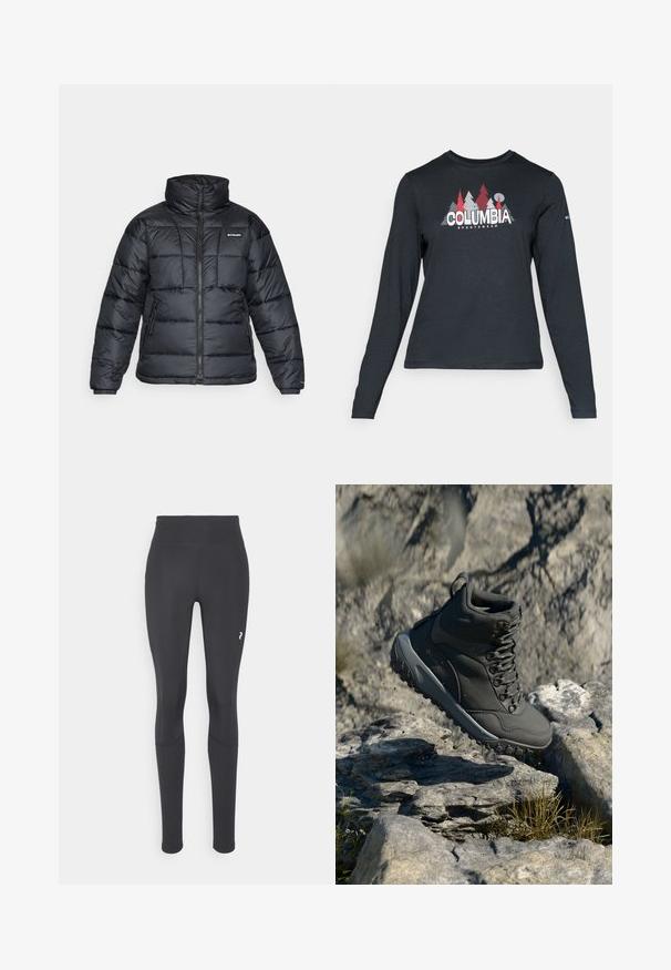 Black puffer jacket with high collar, quilted pattern, and zippered front. Features two side pockets and elastic cuffs.; Long-sleeve dark gray shirt with a graphic of red trees and mountains; "COLUMBIA" logo in bold white text. Soft fabric, standard crew neck.; Black leggings with a high waistband, made of stretchy fabric. Includes a small white logo on the lower right side and seams for structure.; Dark gray hiking boot made of synthetic material, featuring a padded collar, metal eyelets, and textured rubber sole for traction.