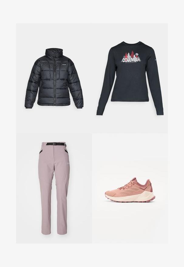 Svart puffjacka med hög krage, quiltat mönster och zippered front. Har två sidofickor och elastiska handledar.; Långärmad mörkgrå tröja med grafik av röda träd och berg; "COLUMBIA"-logotyp i fet vit text. Mjukt tyg, standard rund hals.; Ljuslila utomhusbyxor med slim fit, tillverkade av hållbart material. Har ett svart justerbart bälte och fickor med dragkedja.; Rosa sportskor med en texturerad mesh-överdela, gummisula och vadderad häl. Har kontrasterande nyanser och en strömlinjeformad design.