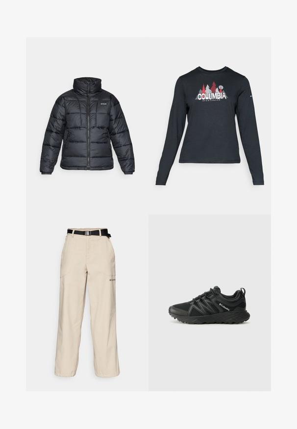 Chaqueta de plumas negra con cuello alto, patrón acolchado y cierre con cremallera. Cuenta con dos bolsillos laterales y puños elásticos.; Camisa de manga larga gris oscuro con un gráfico de árboles rojos y montañas; logo "COLUMBIA" en texto blanco en negrita. Tela suave, cuello redondo estándar.; Pantalones cargo beige con un diseño de pierna ancha, que cuentan con un cinturón negro ajustable, bolsillos frontales y un sutil logo en la pierna izquierda.; Columbia PEAKFREAK - Zapatillas de senderismo - black