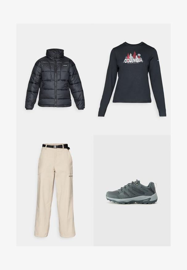 Juodas pūkuotas švarkas su aukštu apykakle, išsiuvinėtu raštu ir užtrauktuku priekyje. Yra dvi šoninės kišenės ir elastingi rankogaliai.; Ilga rankovė tamsiai pilka marškinėliai su raudonų medžių ir kalnų grafika; drąsaus baltos spalvos teksto "COLUMBIA" logotipas. Minkšta medžiaga, standartinis apvalus kaklas.; Bežinės krovinių kelnės su plačiomis kojomis, su juodu reguliuojamu diržu, priekinėmis kišenėmis ir subtiliu logotipu kairėje kojoje.; Tamsiai pilki žygio batai su tinklinėmis ir zomšinėmis viršutinėmis dalimis, su raišteliais, paminkštintu padu ir tvirtu padu su įpjovų raštu.