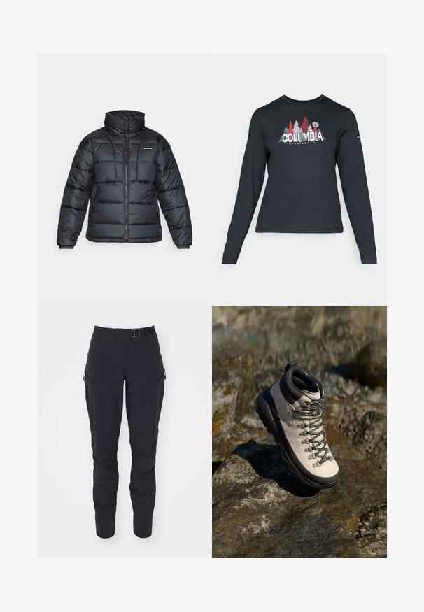 Juodas pūkuotas švarkas su aukštu apykakle, išsiuvinėtu raštu ir užtrauktuku priekyje. Yra dvi šoninės kišenės ir elastingi rankogaliai.; Ilga rankovė tamsiai pilka marškinėliai su raudonų medžių ir kalnų grafika; drąsaus baltos spalvos teksto "COLUMBIA" logotipas. Minkšta medžiaga, standartinis apvalus kaklas.; Juodos lauko kelnes, pagamintas iš patvarios medžiagos, su tiesių kojų dizainu, reguliuojamu liemeniu su sagtimi ir užtrauktuku uždaromomis šoninėmis kišenėmis.; Šviesiai smėlio spalvos turizmo batai su juodu guminio pado, lankstus viršus, metaliniai akių laikikliai ir pilkos raišteliai, padėti ant akmenuoto paviršiaus.