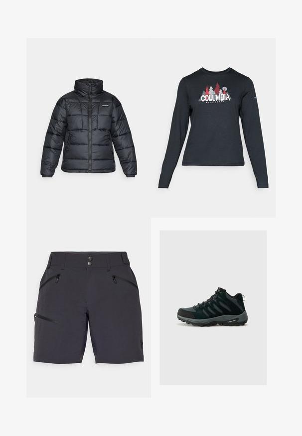 Svart dunjakke med høy krage, kviltet mønster og glidelås foran. Har to sidelommer og elastiske mansjetter.; Langermet mørkegrå skjorte med grafikk av røde trær og fjell; "COLUMBIA" logo i fet hvit tekst. Mykt stoff, standard rund hals.; Mørkegrå shorts laget av lette materialer, med to glidelåslommer på siden og to metallknapper i midjen.; Columbia REDMOND - Fjellsko - black/citron haze