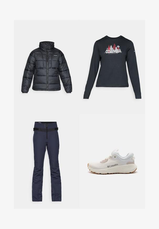 Black puffer jacket with high collar, quilted pattern, and zippered front. Features two side pockets and elastic cuffs.; Long-sleeve dark gray shirt with a graphic of red trees and mountains; "COLUMBIA" logo in bold white text. Soft fabric, standard crew neck.; Navy blue ski pants with a fitted design, featuring a high waistband, three buttons, a zippered front, and two side pockets.; Lightweight Columbia athletic shoe in white mesh with a textured gray sole and rubber traction. Features a padded collar and lace-up design.