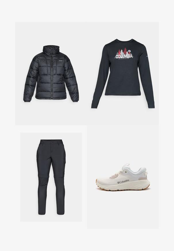 Crna puffa jakna s visokim ovratnikom, kvadratnim uzorkom i zatvaračem sprijeda. Ima dva bočna džepa i elastične manžete.; Majica dugih rukava tamnosive boje s grafikom crvenih drveća i planina; logo "COLUMBIA" u podebljanom bijelom tekstu. Mekana tkanina, standardni okrugli izrez.; Crne cargo hlače izrađene od laganog, rastezljivog materijala. Sadrže oblikovane koljena, bočne džepove i prilagođen dizajn za mobilnost.; Lagani atletski cipele Columbia izrađene od bijele mrežaste tkanine s teksturiranom sivom potplatom i gumom za bolje prianjanje. Imaju podstavljeni ovratnik i dizajn s vezicama.