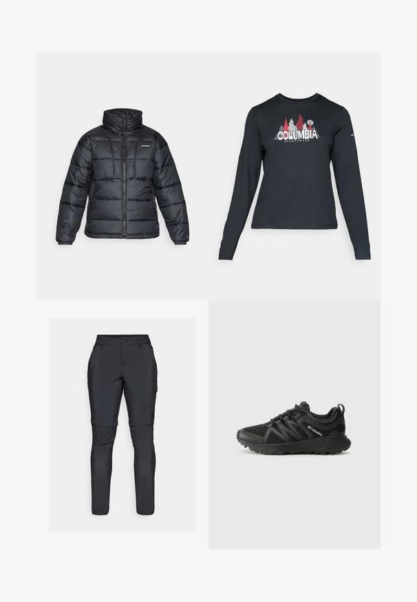 Črna pihasta jakna z visokim ovratnikom, prešitimi vzorci in zadrgo spredaj. Ima dve stranski žepki in elastične manšete.; Majica z dolgimi rokavi temno siva z grafiko rdečih dreves in gora; logotip "COLUMBIA" v krepki beli barvi. Mehka tkanina, standarden krojen ovratnik.; Črne cargo hlače iz lahkega, elastičnega materiala. Imajo stranske žepe, upognjena kolena in prilegajoč dizajn za boljšo gibljivost.; Columbia PEAKFREAK - Pohodniški čevlji - black
