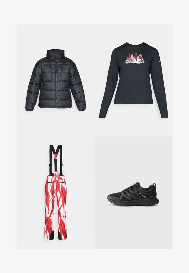 Črna pihasta jakna z visokim ovratnikom, prešitimi vzorci in zadrgo spredaj. Ima dve stranski žepki in elastične manšete.; Majica z dolgimi rokavi temno siva z grafiko rdečih dreves in gora; logotip "COLUMBIA" v krepki beli barvi. Mehka tkanina, standarden krojen ovratnik.; Rdeče in bele snežne hlače z vzorcem in črnimi detajli ter nastavljivimi črnimi naramnicami. Imajo zadrgo z žepi spredaj.; Columbia PEAKFREAK - Pohodniški čevlji - black