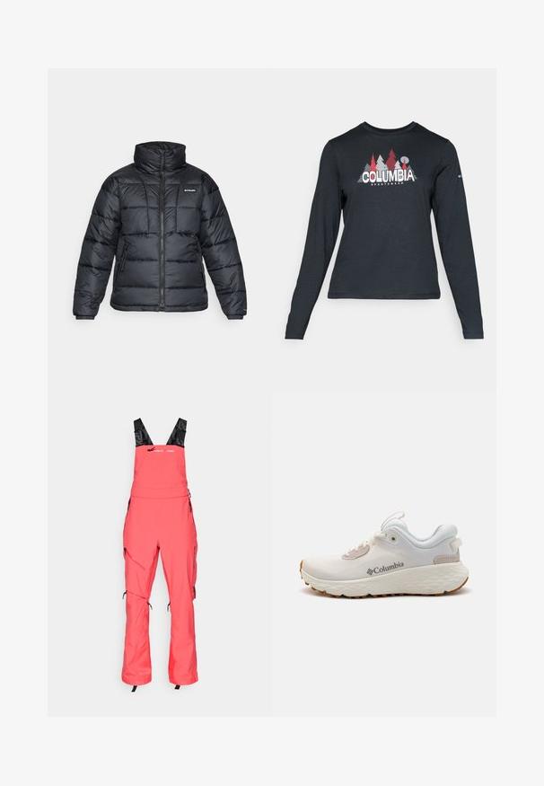 Musternatukamm, millel on kõrge krae, tikitud muster ja tõmblukuga esiosa. Sellel on kaks küljetaskut ja elastsed mansetid.; Pikend varrukatega tumehall särk, millel on punaste puude ja mägede graafika; "COLUMBIA" logo julge valge tekstiga. Pehme kangas, tavaline ümmargune kaelus.; Korallide lumeülikond, millel on reguleeritavad mustad rihmad, lukuga taskud ja pingutusdetailid jalge all. Veekindel kangas, kaasaegne lõige.; Kerged Columbia spordijalanõud valgest võrgust, millel on tekstureeritud hall tall ja kummist haardepind. Omaduseks on polsterdatud krae ja nööridega kinnitussüsteem.